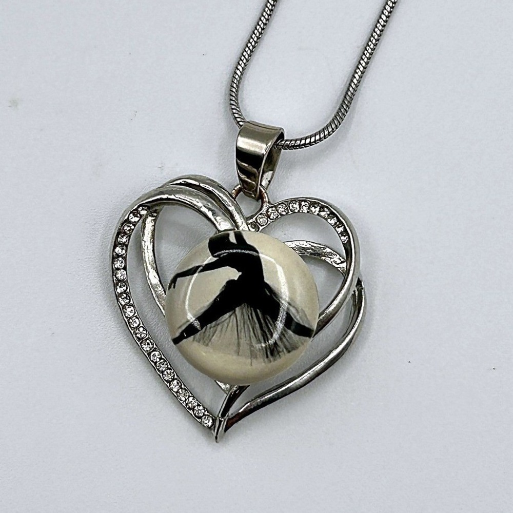 Silver Ballerina Silhouette Double Heart Necklace Crystal Accents
